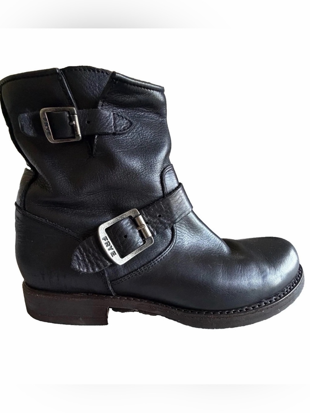 Frye Boots Womens Size 8.5 Black Leather Biker Ankle Zip Harness Moto Buckle